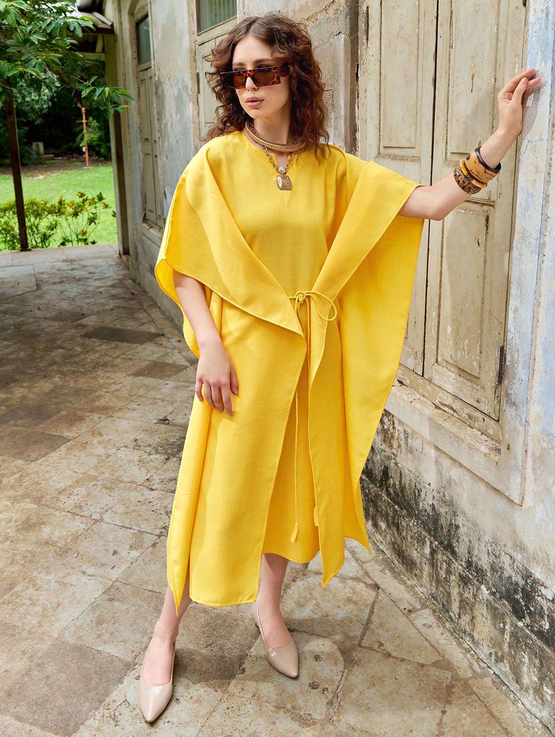women solid kimono sleeve kaftan dress