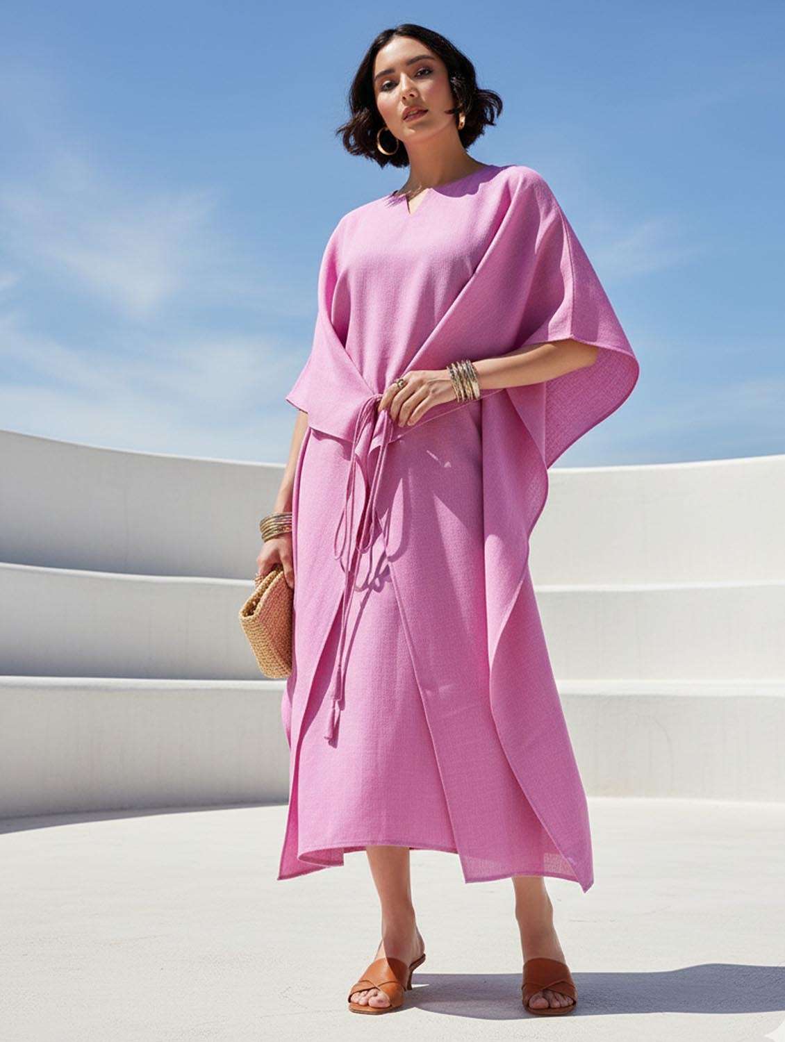 women solid kimono sleeve kaftan dress