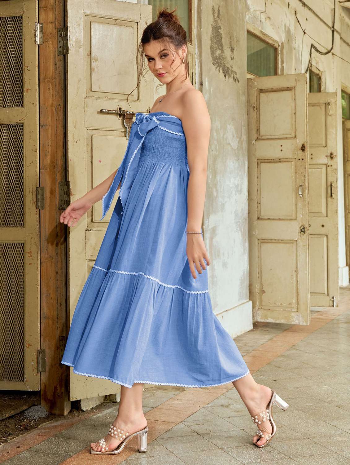women solid with work off shoulder tiered dress - 22541299 -  Standard Image - 3