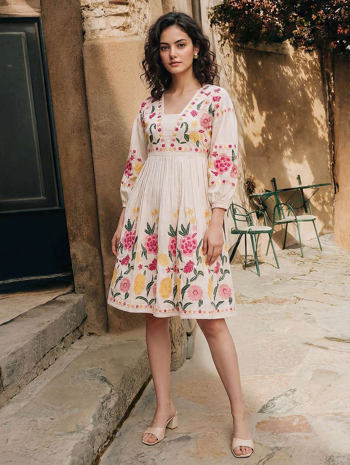women embroidered square neck fit and flare dress
