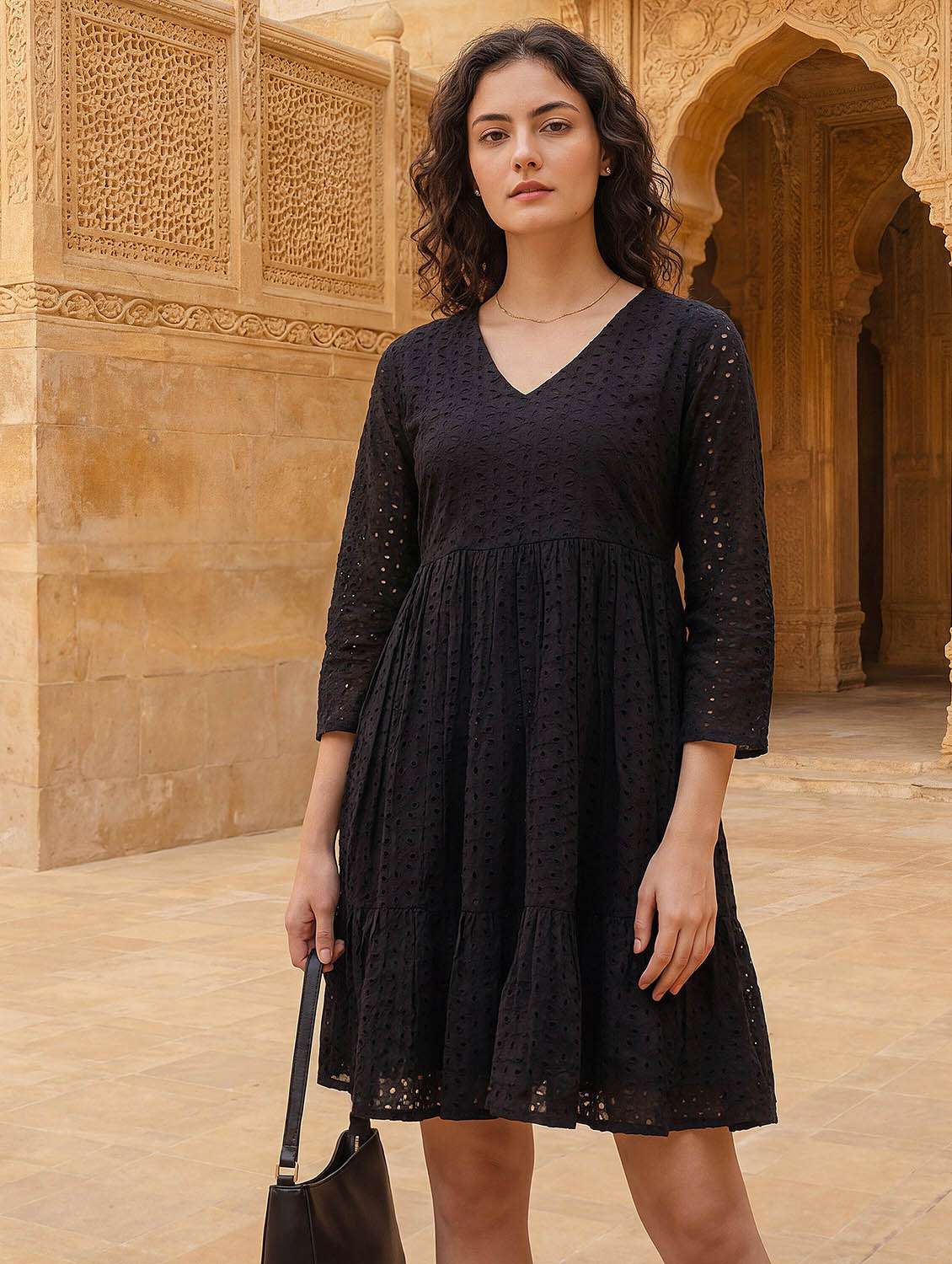 women self design v neck tiered dress