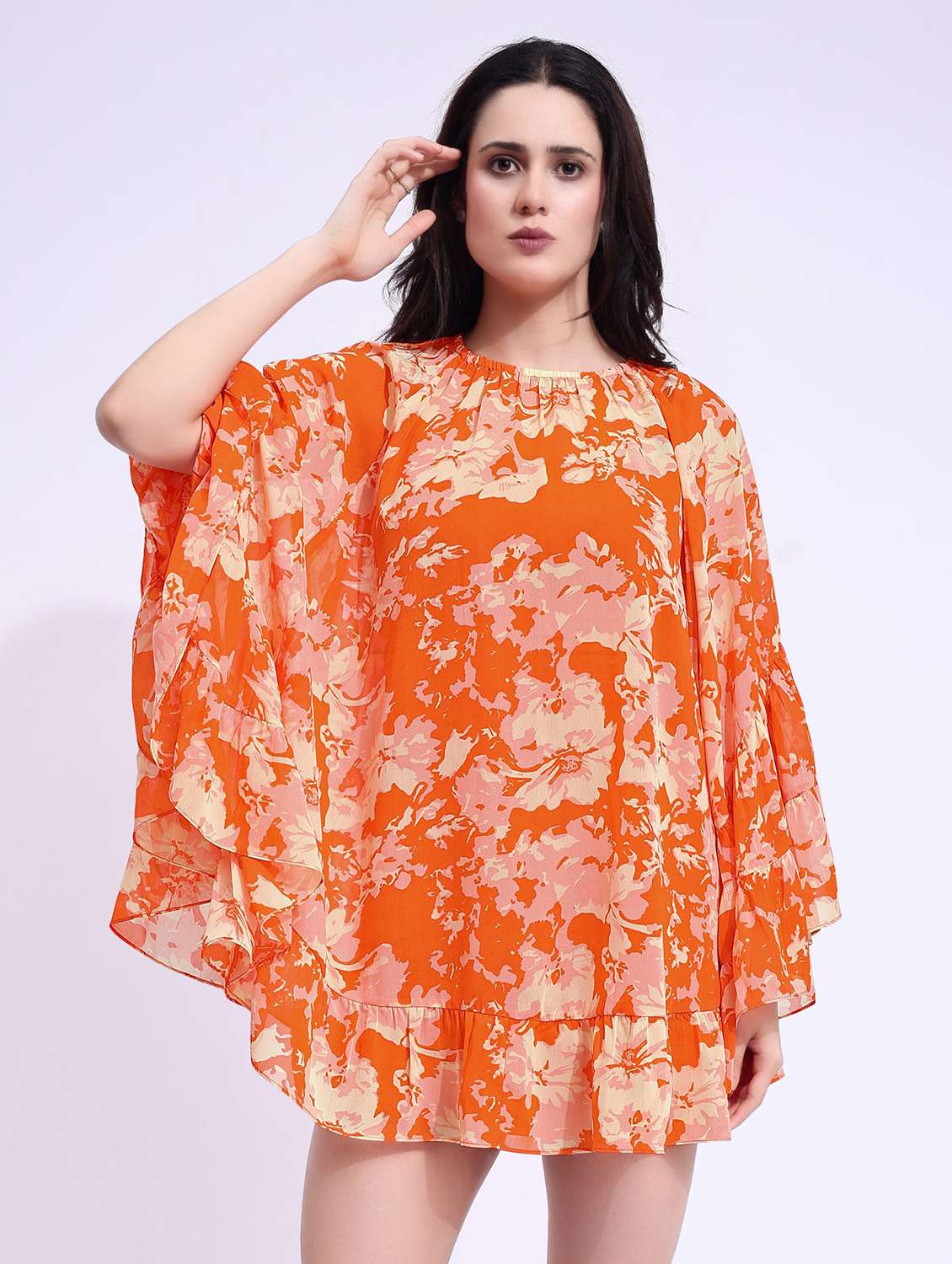 women printed round neck tiered dress