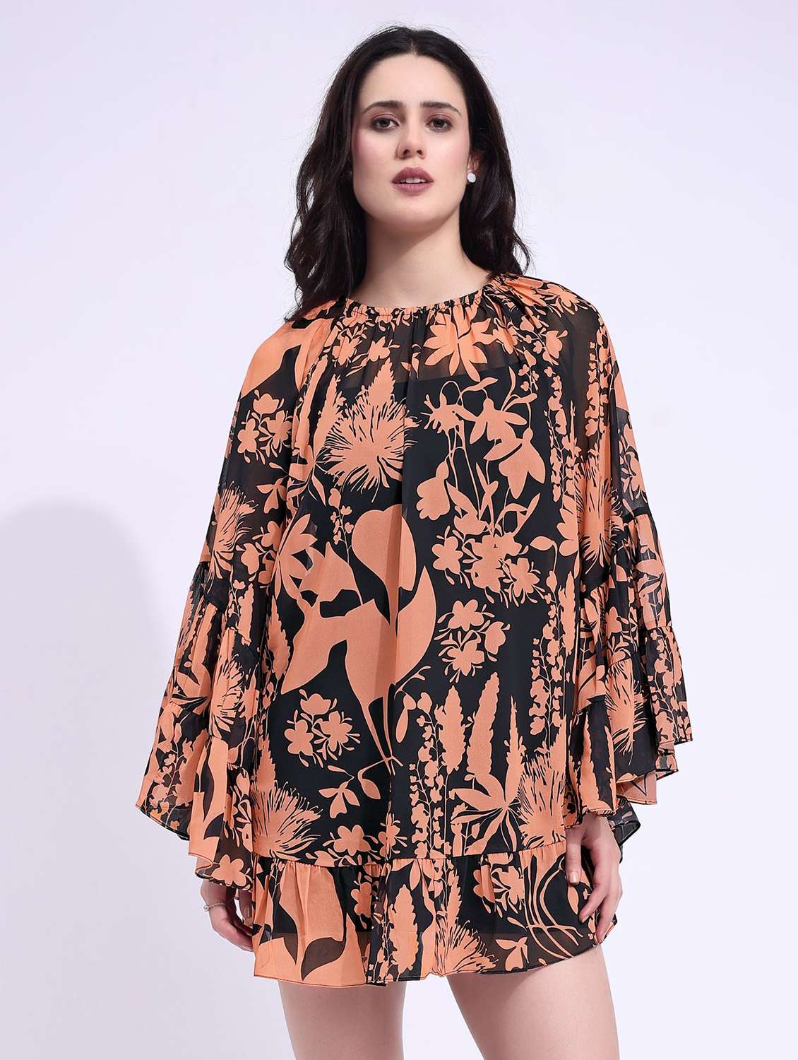 women printed round neck tiered dress