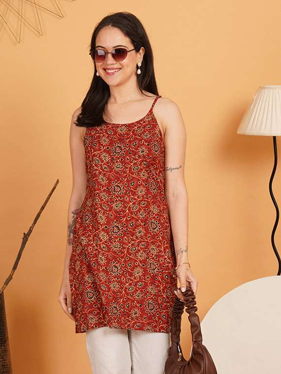 women printed shoulder strap straight kurti