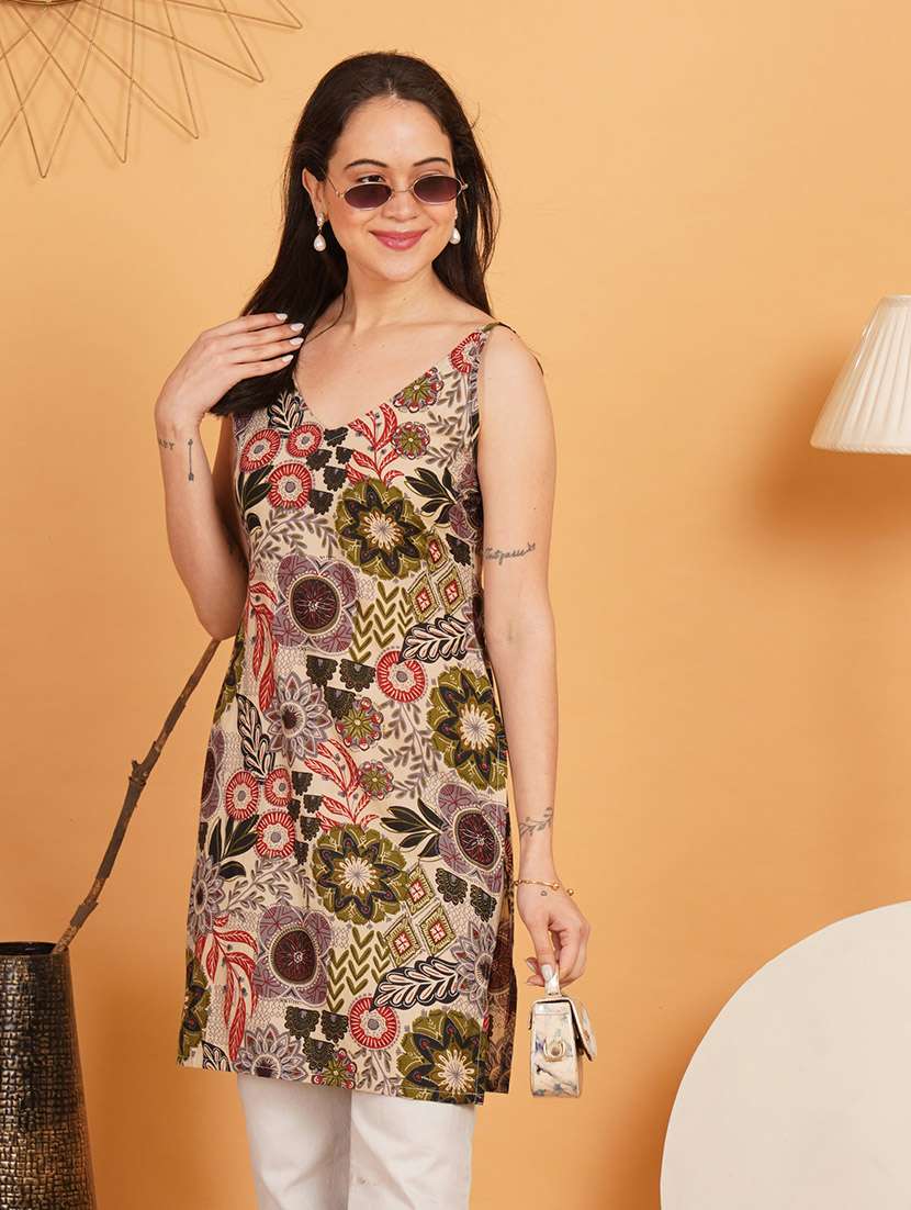 women printed shoulder strap straight kurti