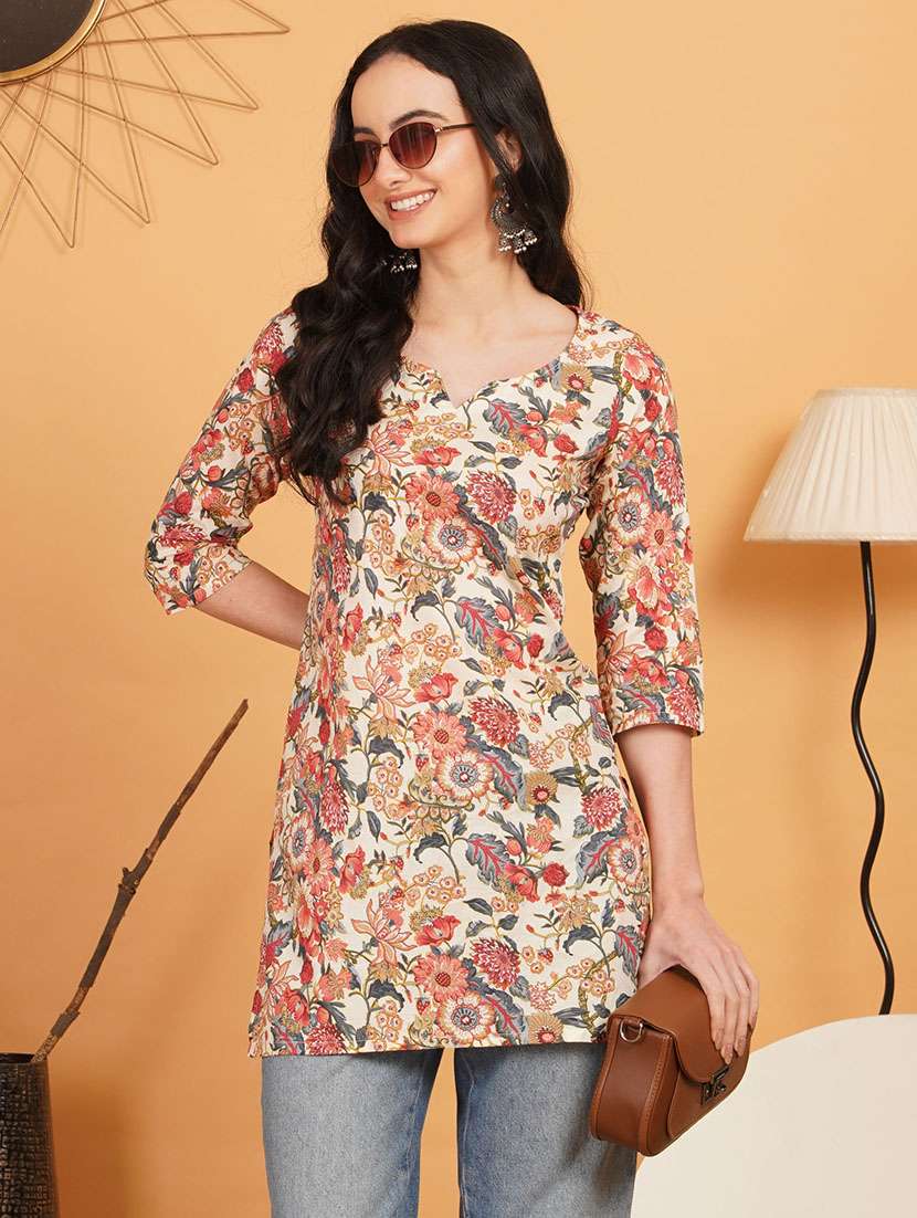 women printed three quarter sleeve straight kurti