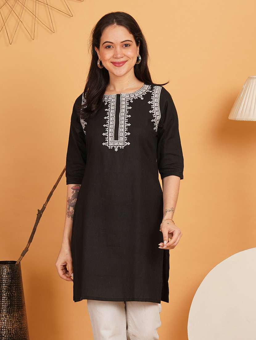 women embroidered three quarter sleeve straight kurti