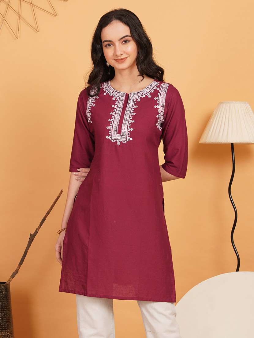 women embroidered three quarter sleeve straight kurti