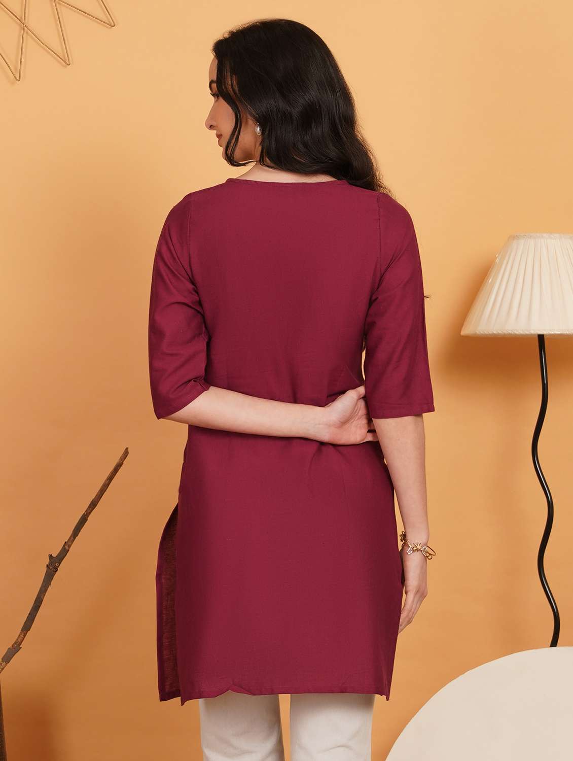 women embroidered three quarter sleeve straight kurti - 22541353 -  Standard Image - 3