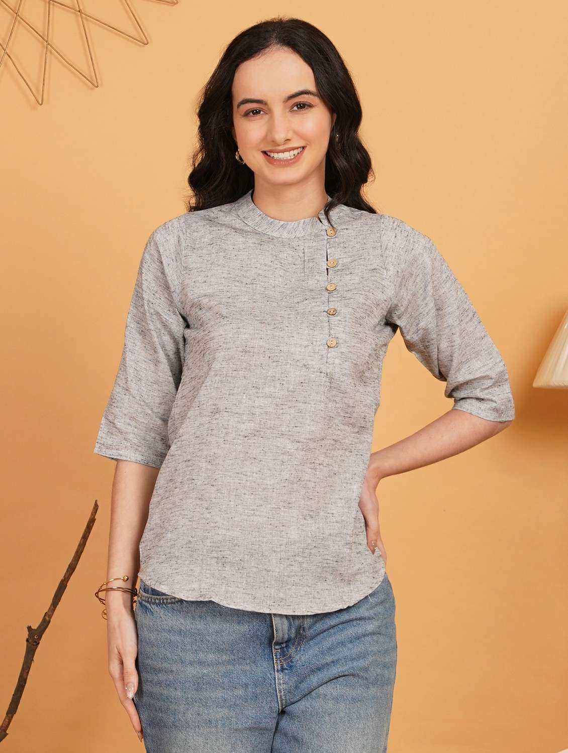 women solid three quarter sleeve ethnic top