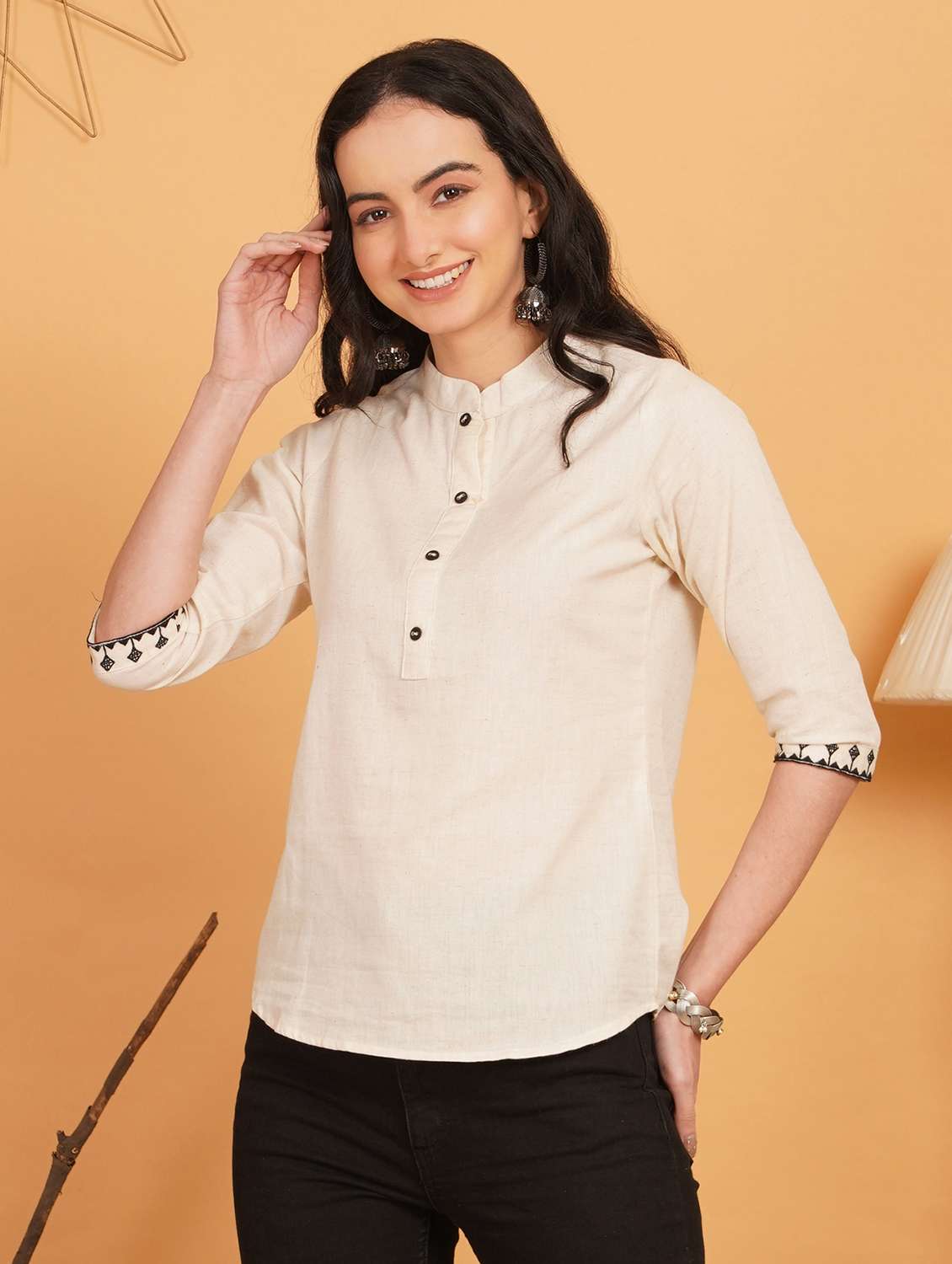 women solid three quarter sleeve ethnic top