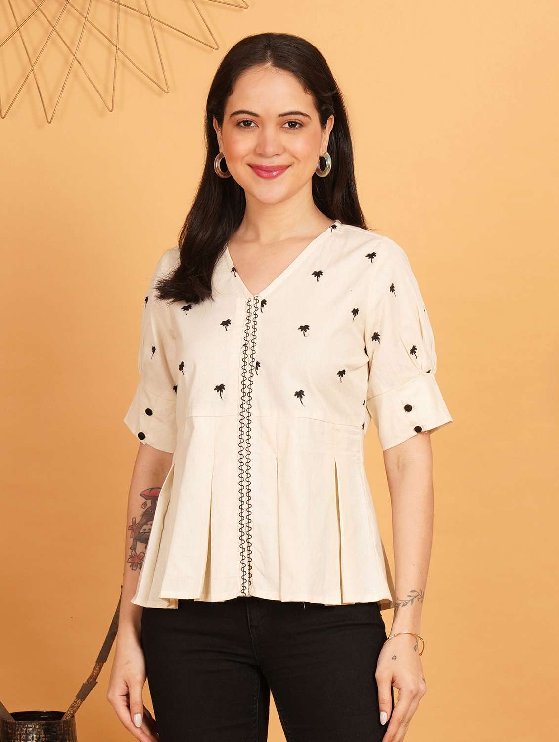 women embroidered puff sleeve a line top