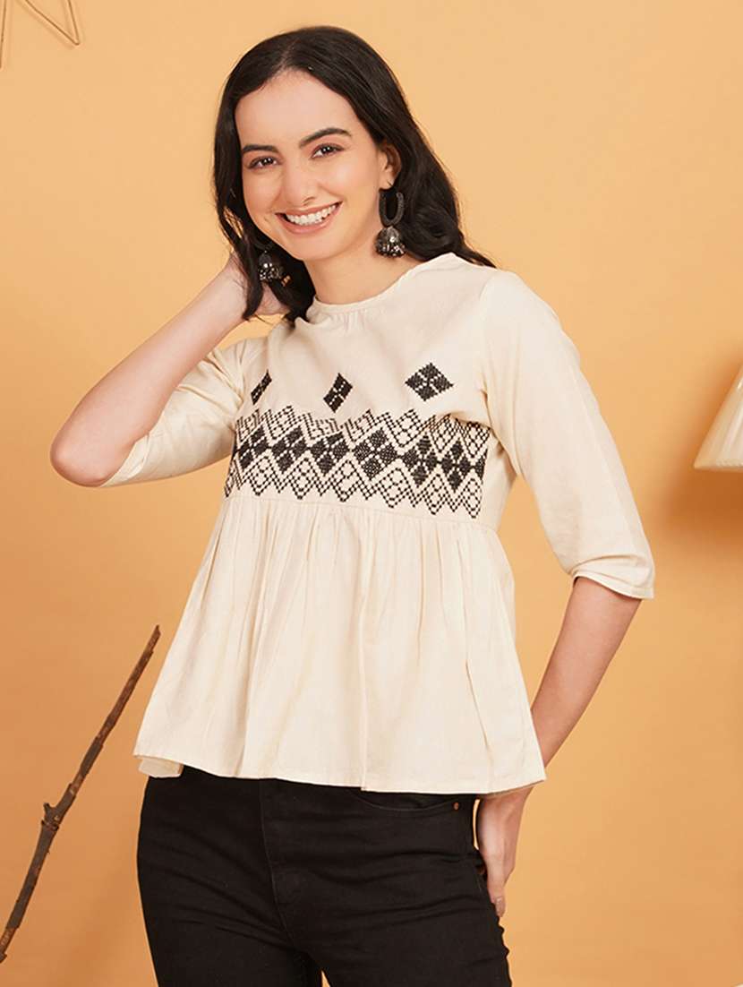 women embroidered round neck a line top