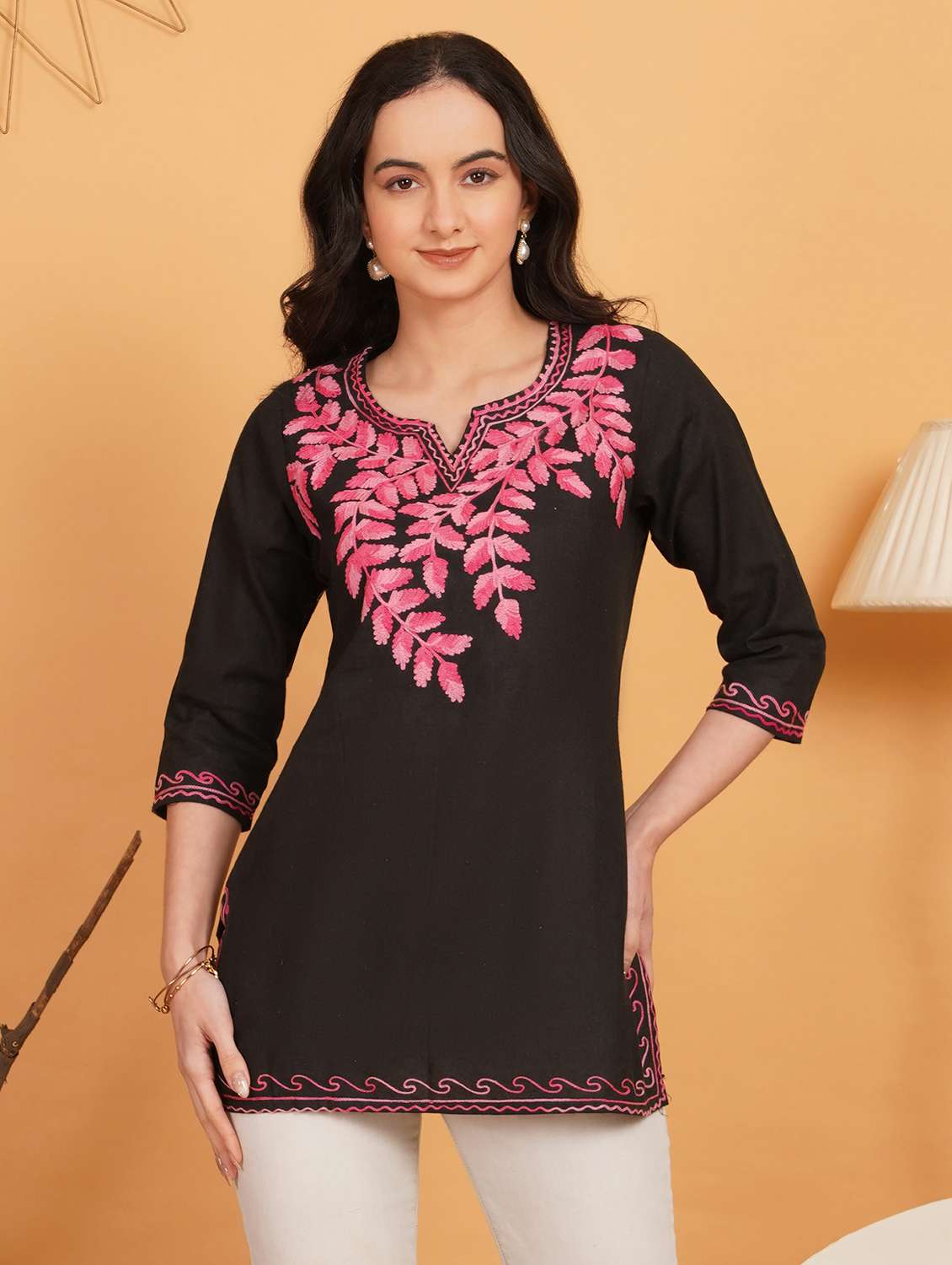 women embroidered notch neck straight kurti