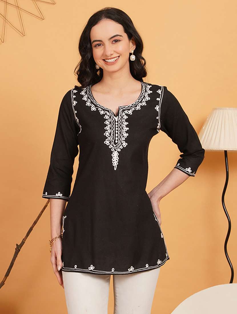 women embroidered notch neck straight kurti