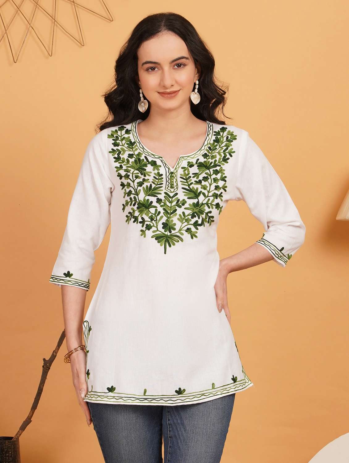 women embroidered notch neck straight kurti