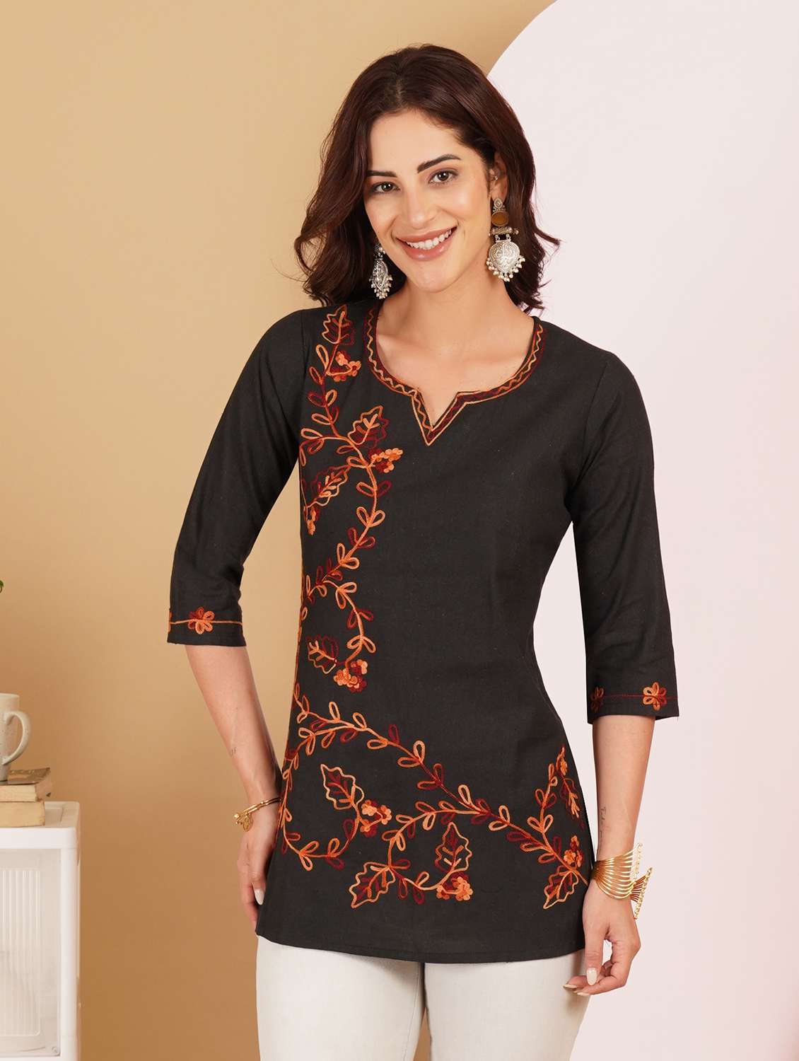 women embroidered notch neck straight kurti