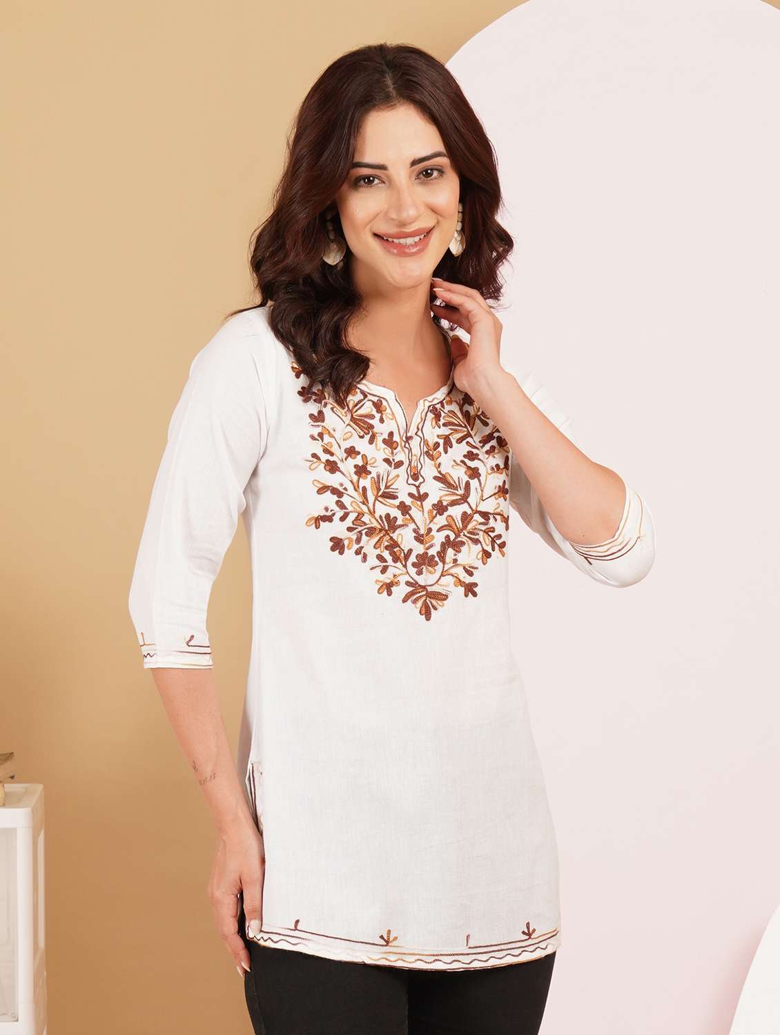 women embroidered notch neck straight kurti