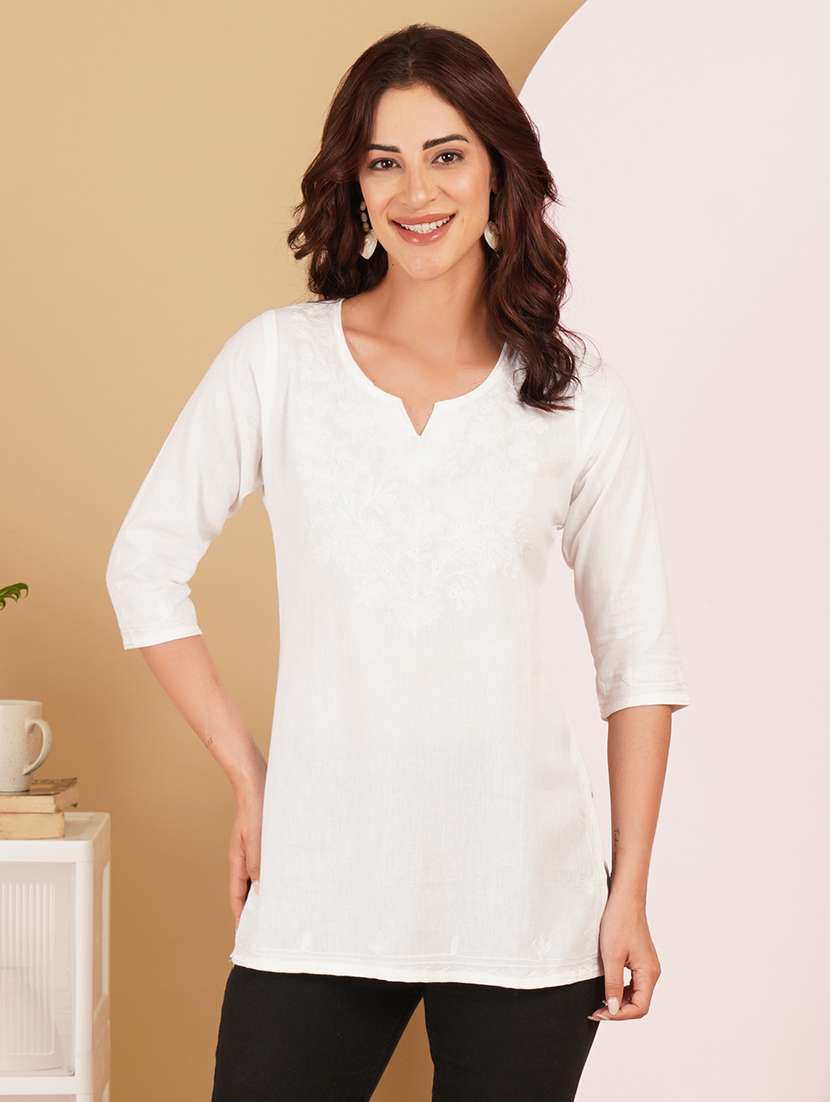 women embroidered notch neck straight kurti