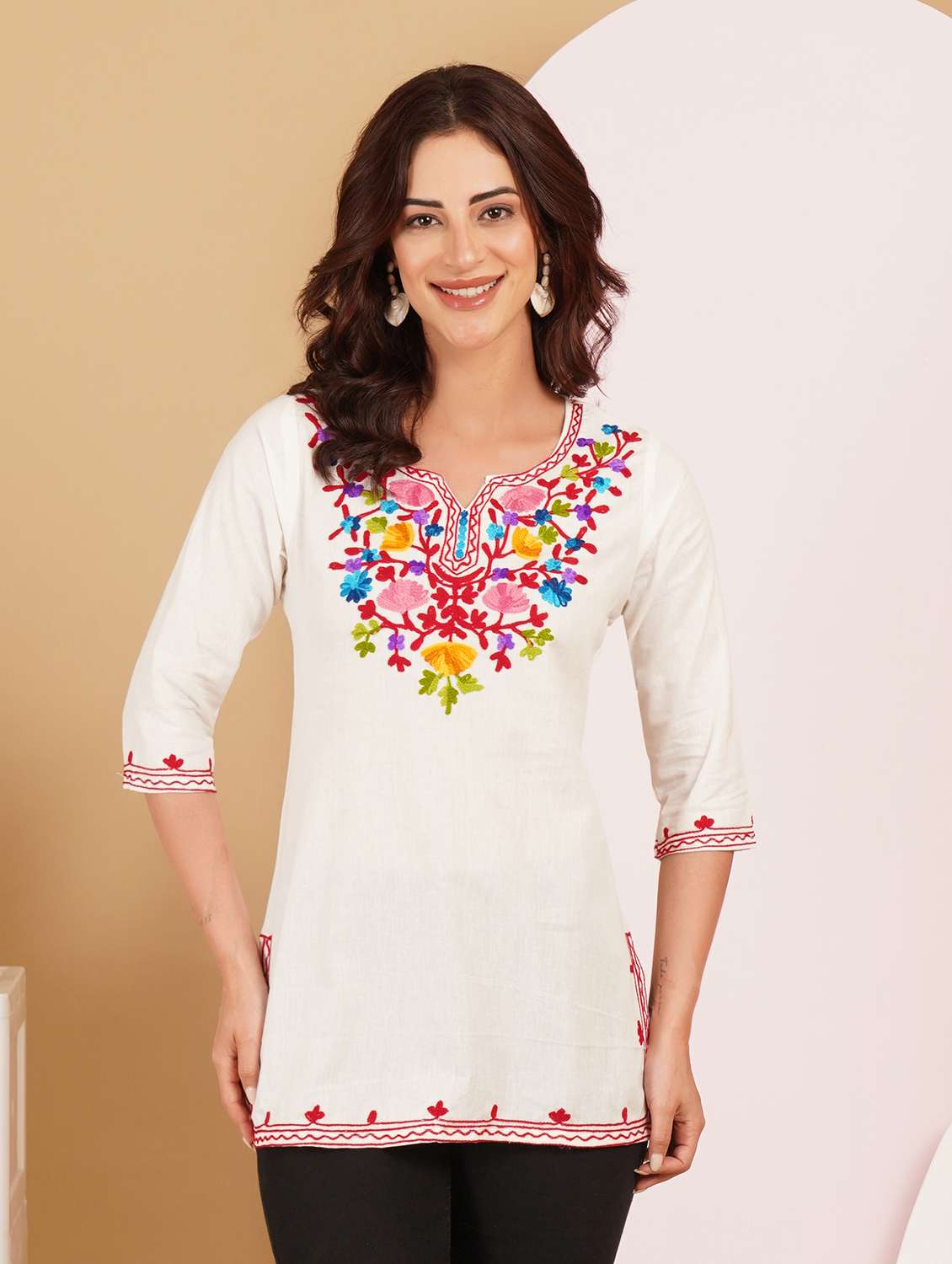 women embroidered notch neck straight kurti