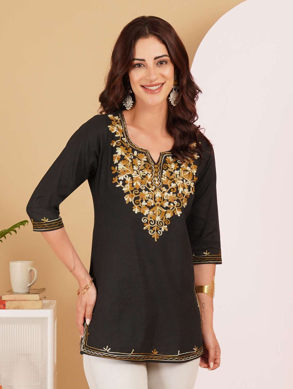 women embroidered notch neck straight kurti