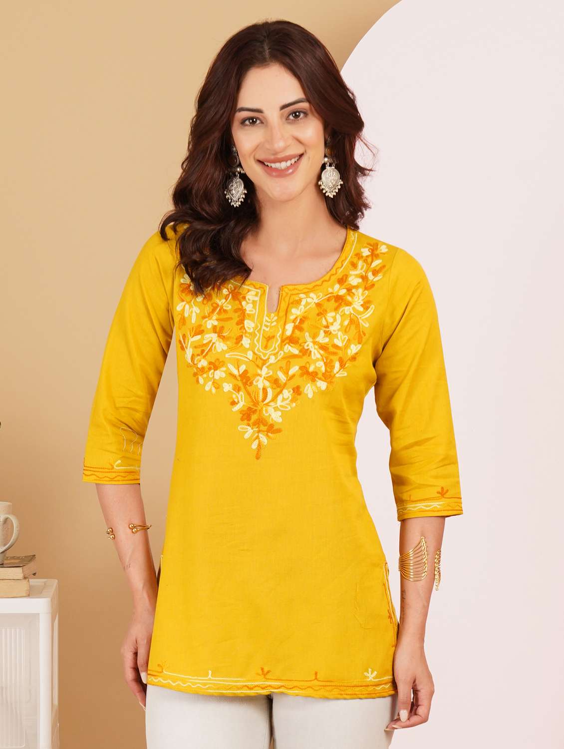 women embroidered notch neck straight kurti