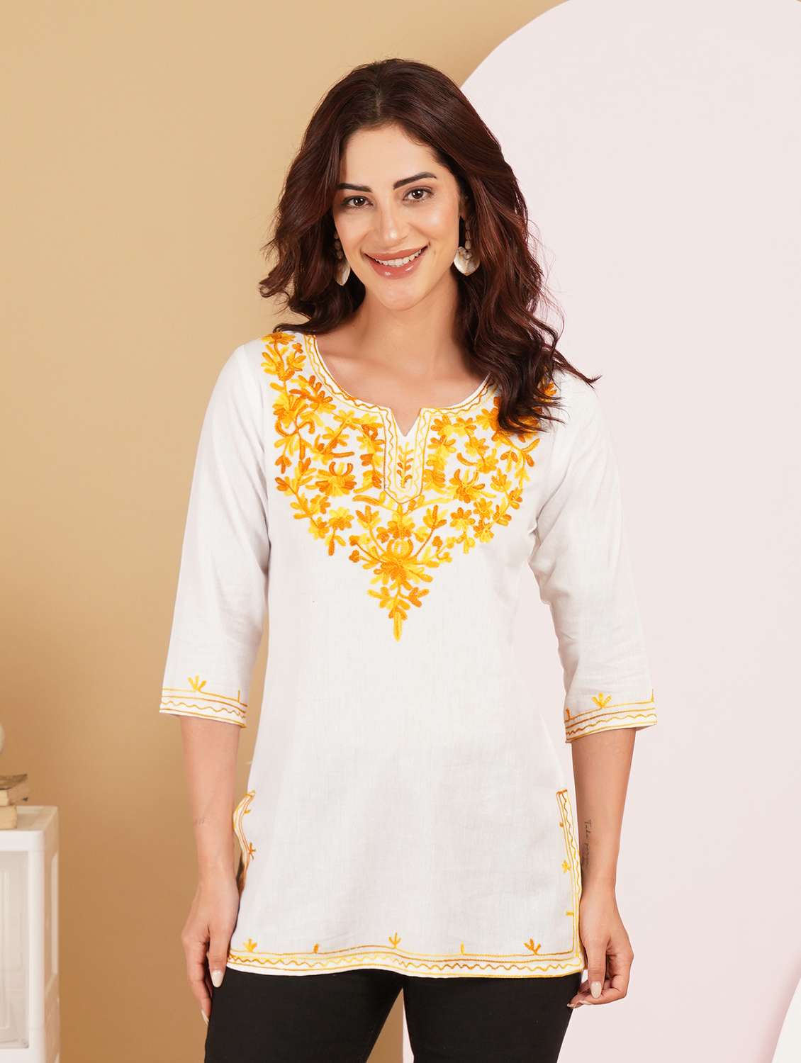 women embroidered notch neck straight kurti