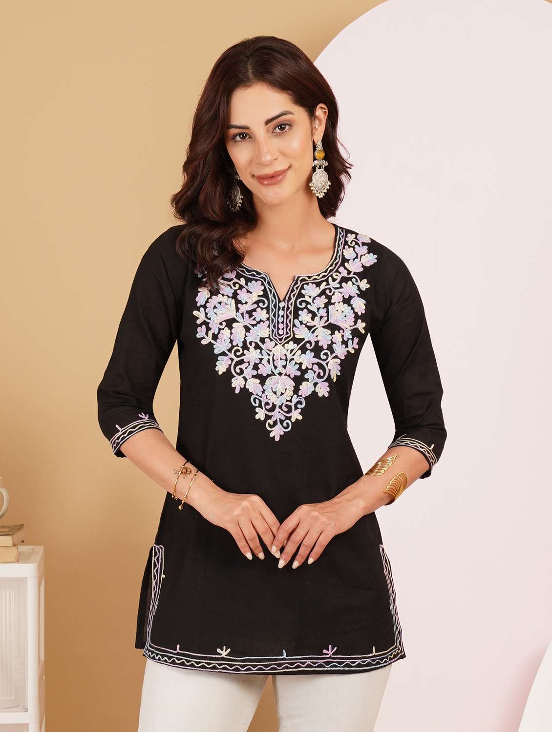 women embroidered notch neck straight kurti