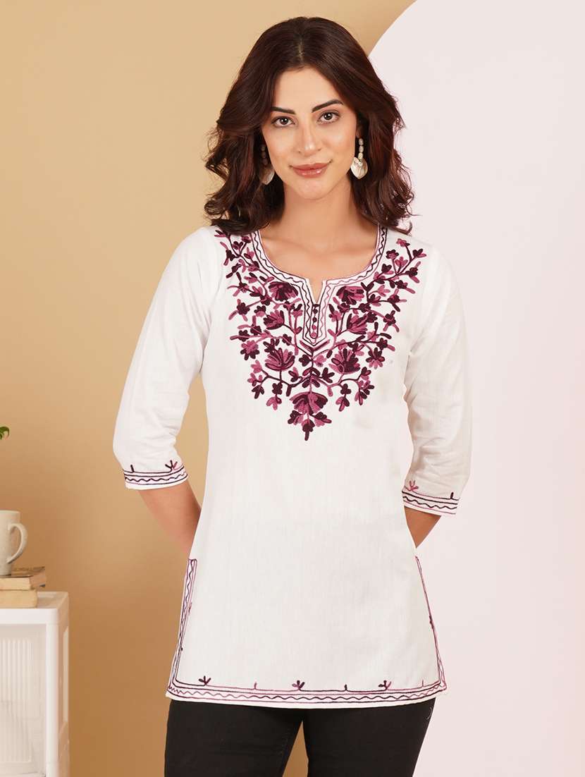 women embroidered notch neck straight kurti