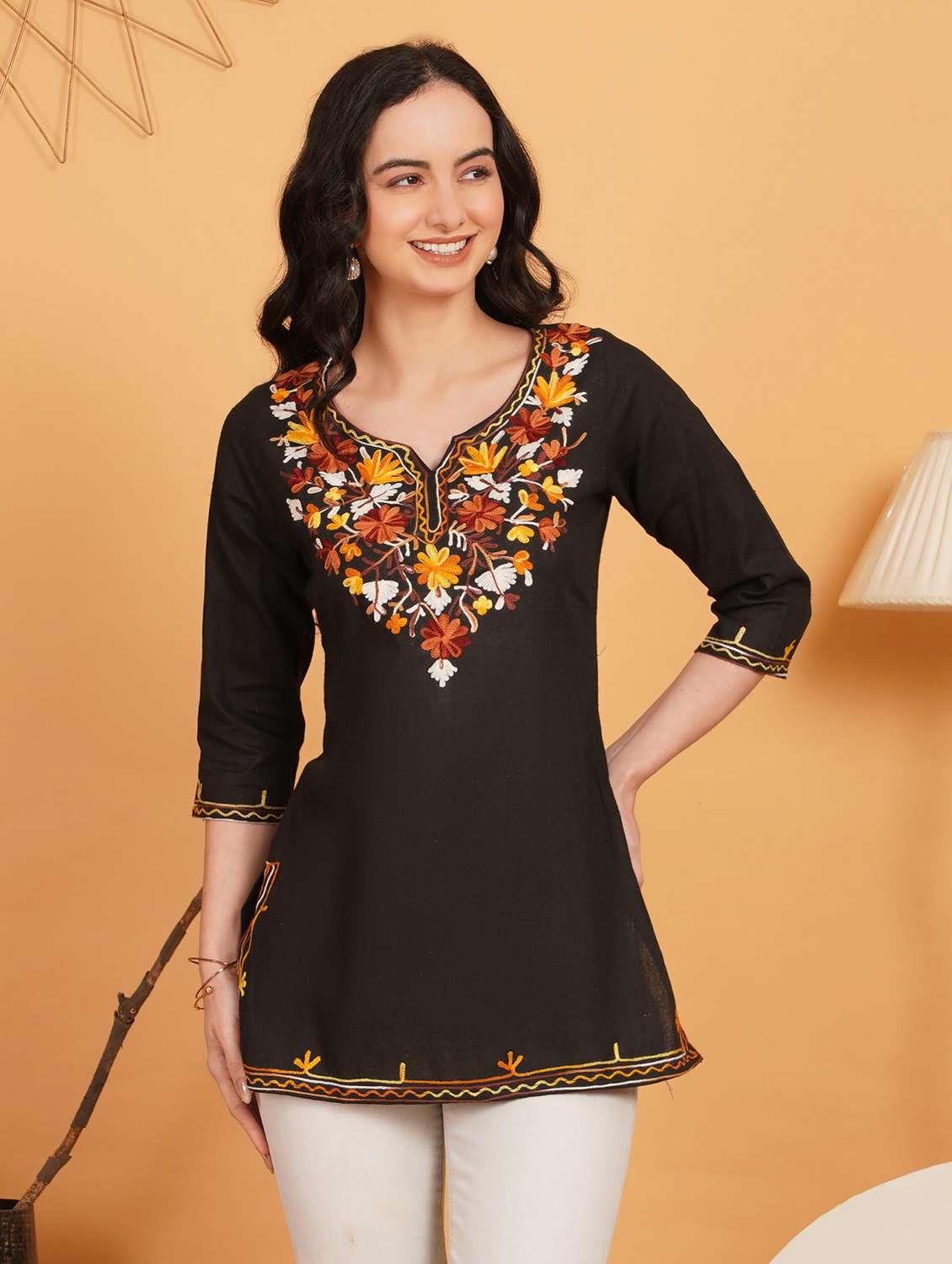 women embroidered notch neck straight kurti