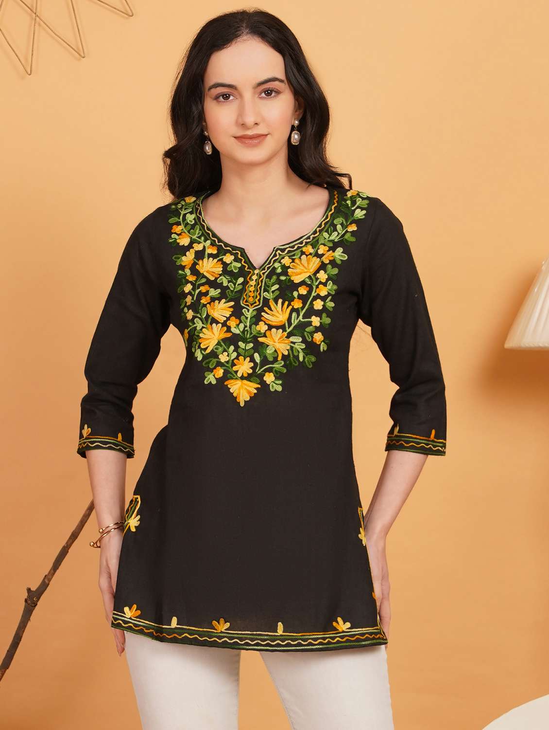 women embroidered notch neck straight kurti