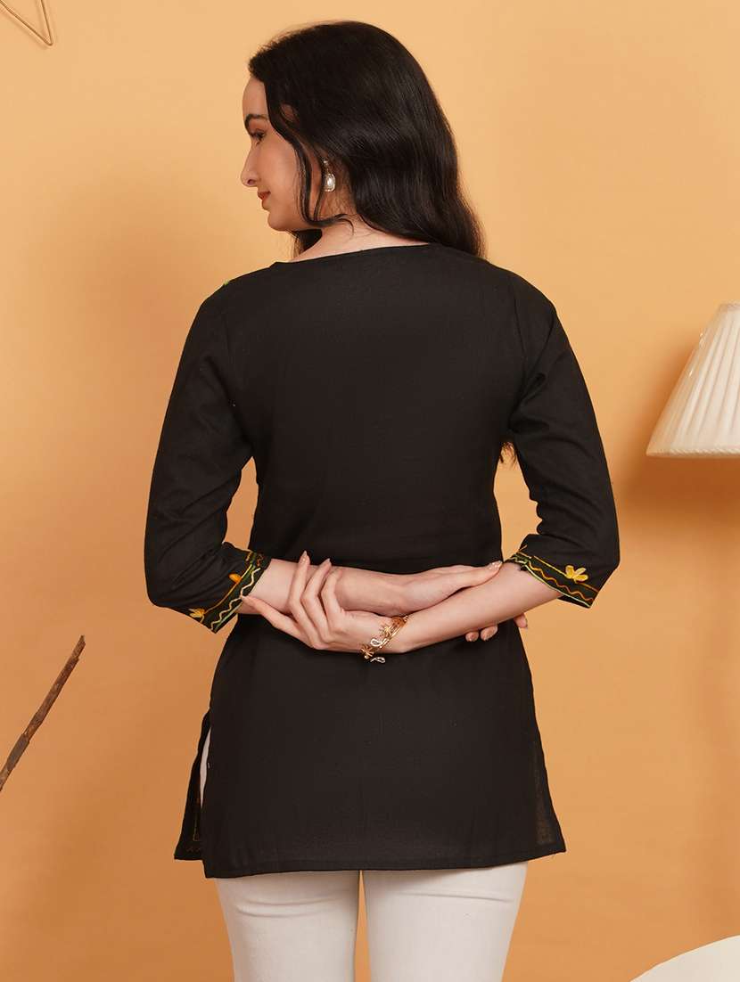 Women Embroidered Notch Neck Straight Kurti - 22541439 -  Standard Image - 3