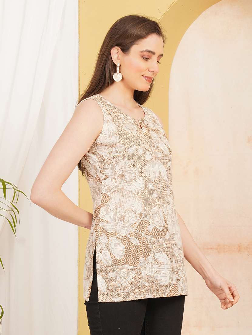 women printed sleeveless straight kurti
