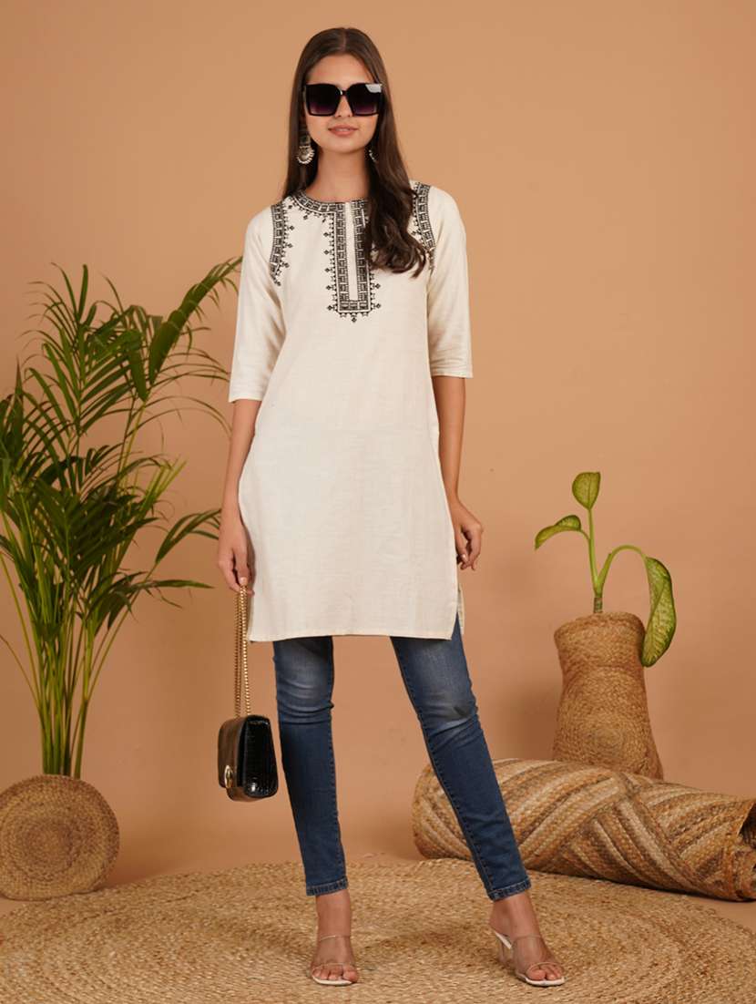 women embroidered three quarter sleeve straight kurti