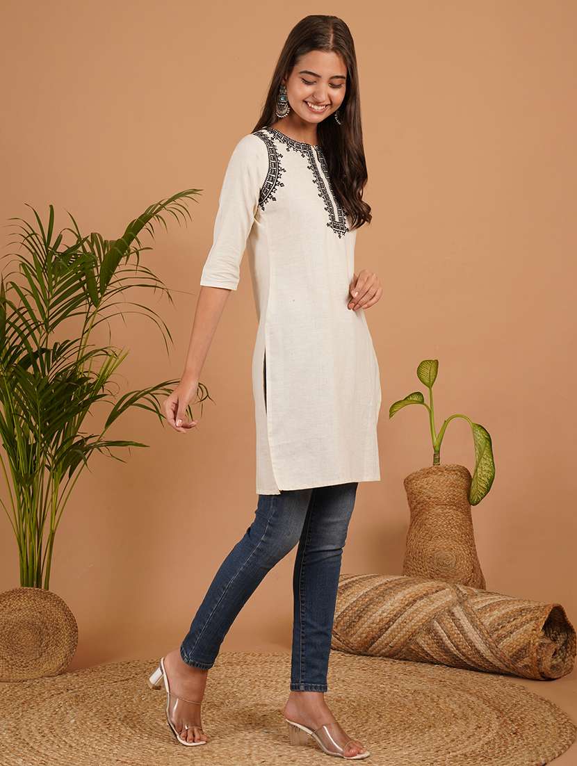 women embroidered three quarter sleeve straight kurti - 22541462 -  Standard Image - 3