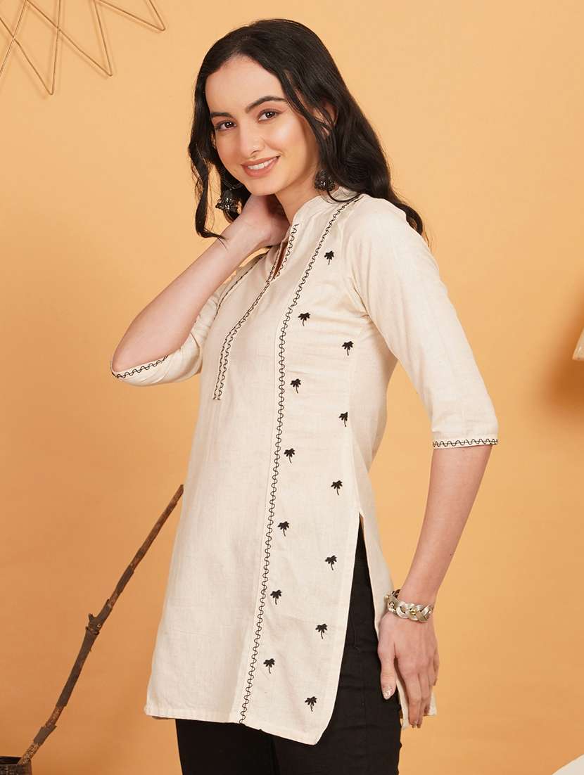 women embroidered three quarter sleeve straight kurti