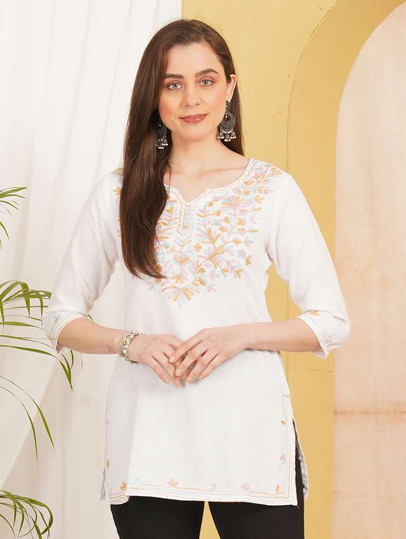 women embroidered notch neck straight kurti
