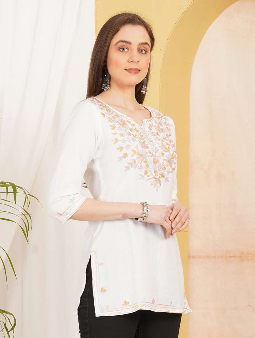 Women Embroidered Notch Neck Straight Kurti - 22541482 -  Standard Image - 3