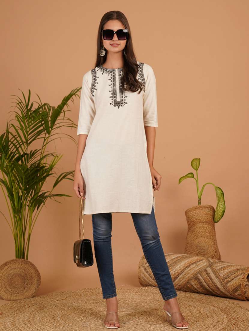women embroidered three quarter sleeve straight kurti