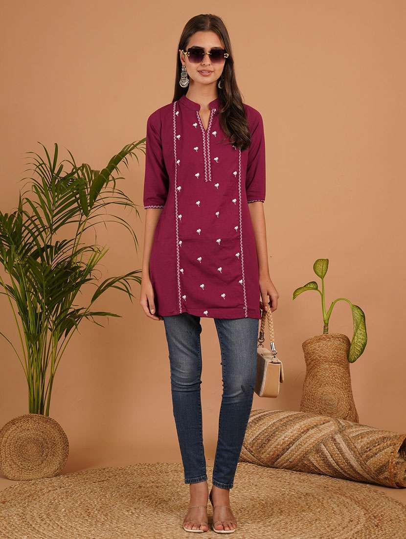 women embroidered three quarter sleeve straight kurti