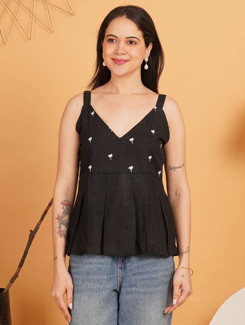 women embroidered shoulder strap ethnic top