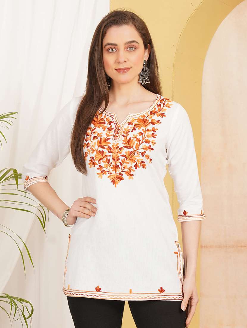 women embroidered notch neck straight kurti