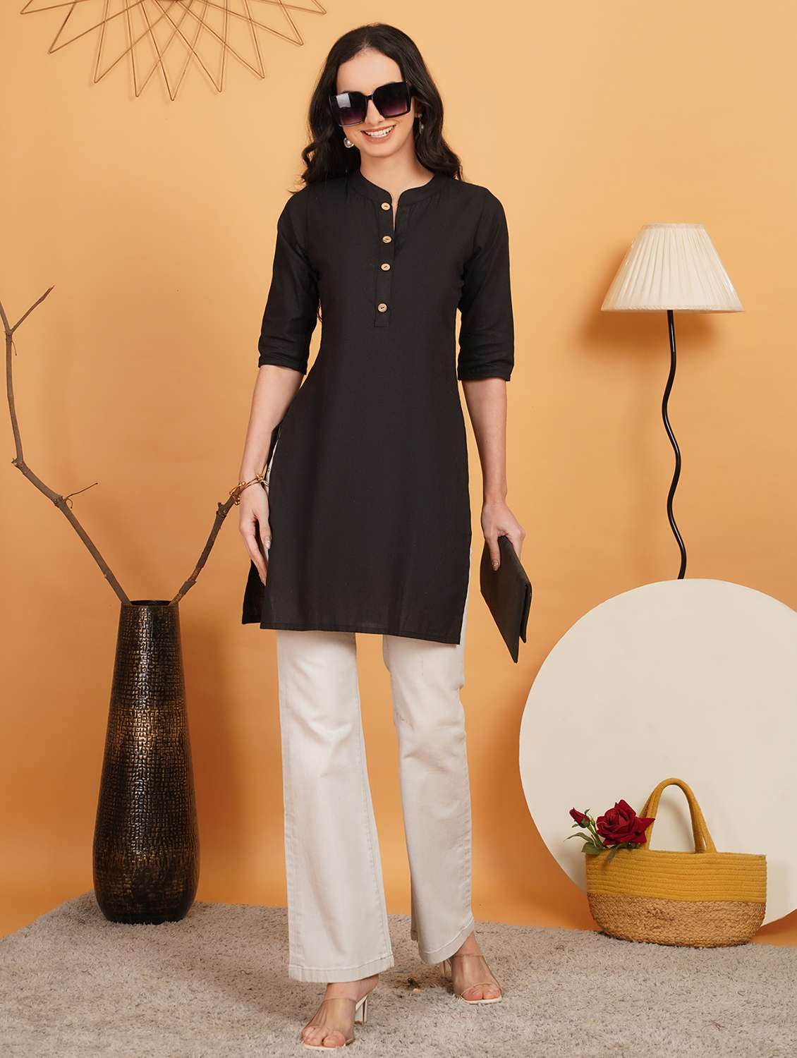 women solid three quarter sleeve straight kurti - 22541827 -  Standard Image - 3