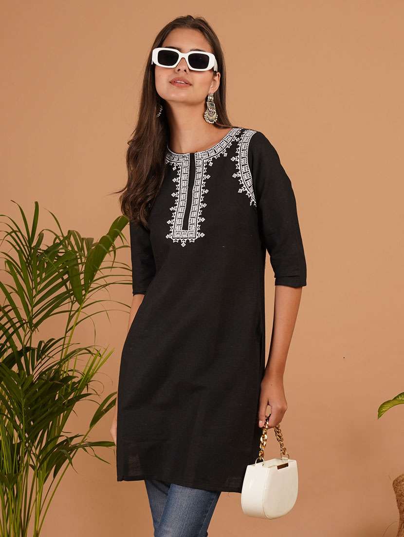 women embroidered three quarter sleeve straight kurti