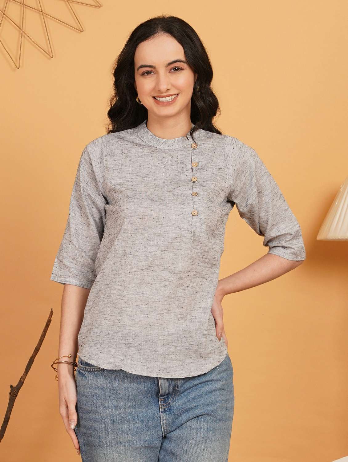 women solid three quarter sleeve ethnic top
