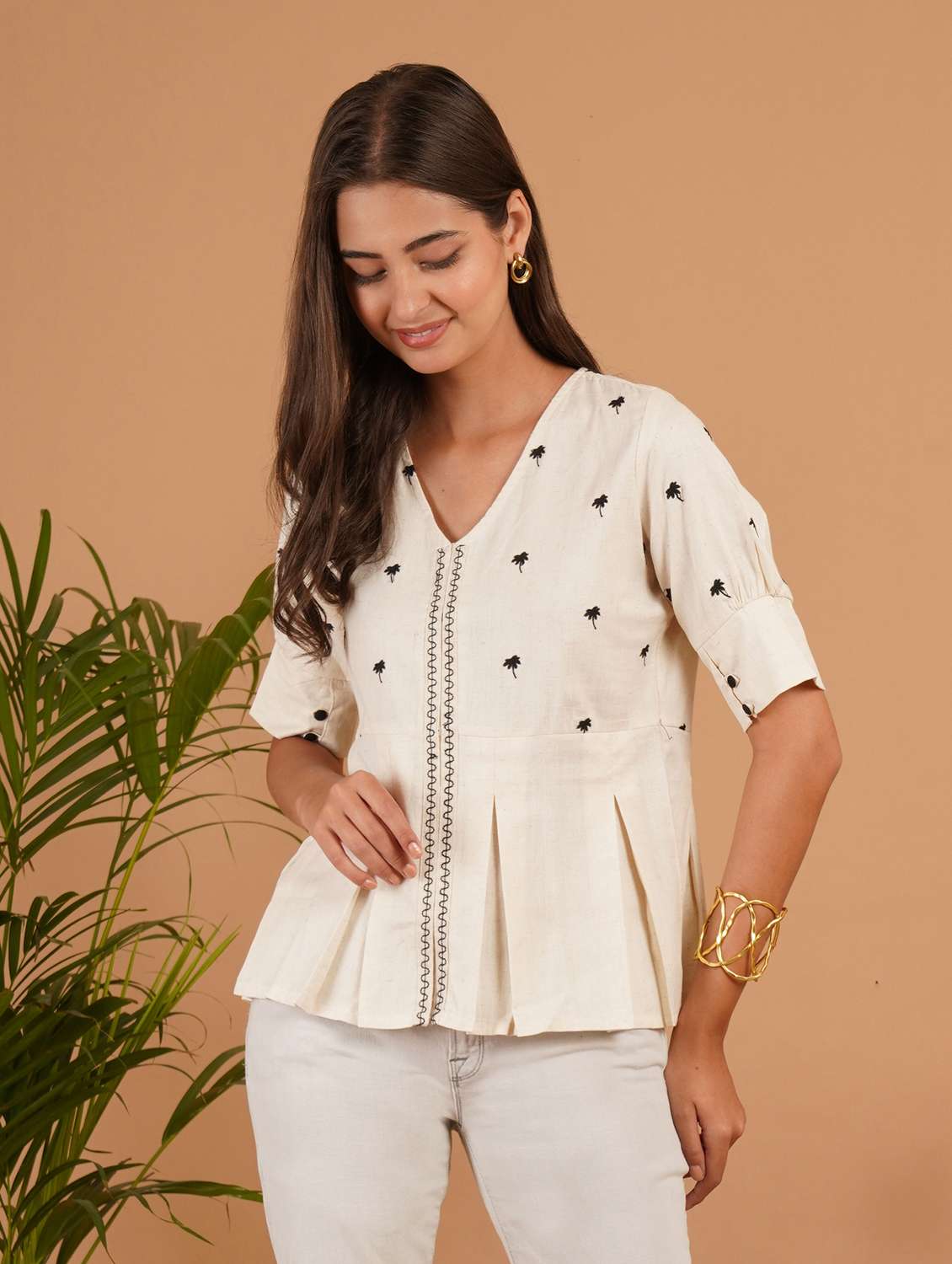 women embroidered puff sleeve a line top