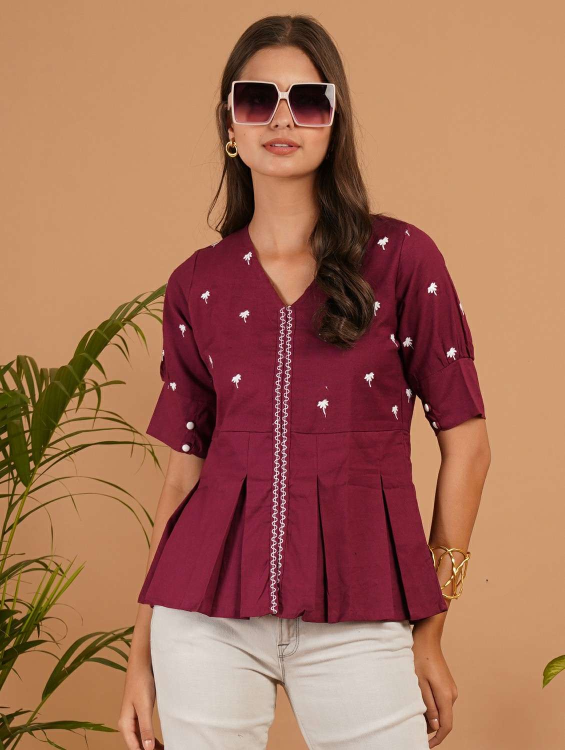 women embroidered puff sleeve a line top