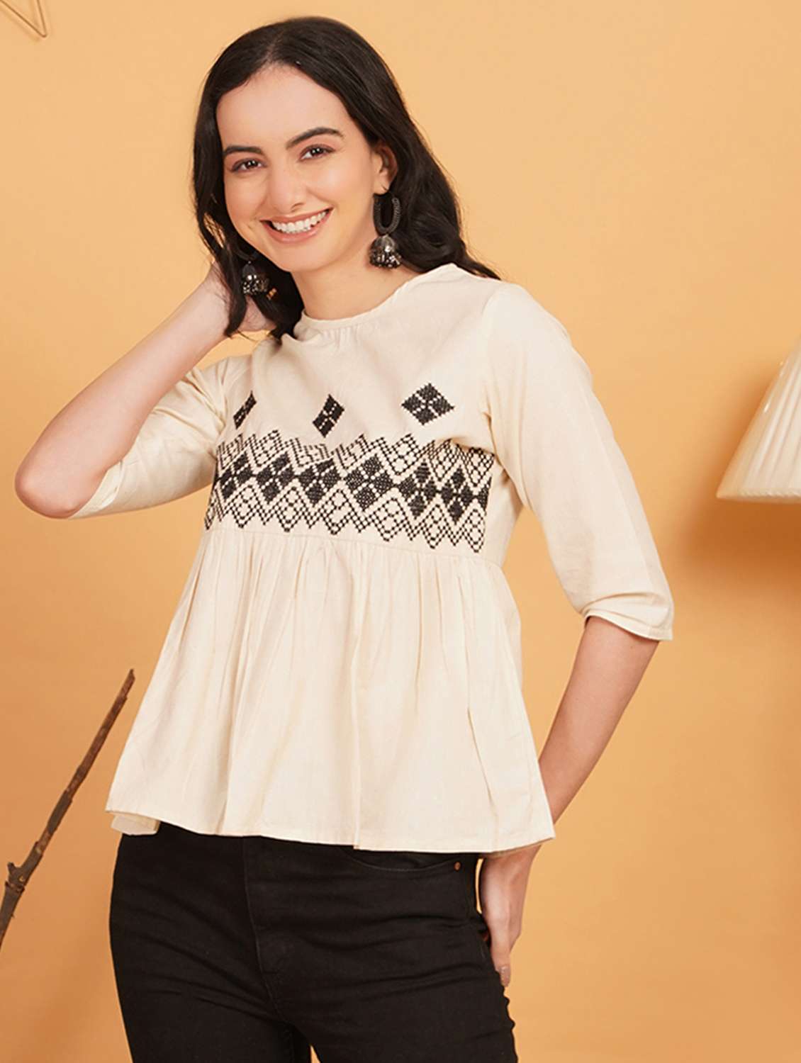 women embroidered three quarter sleeve ethnic top