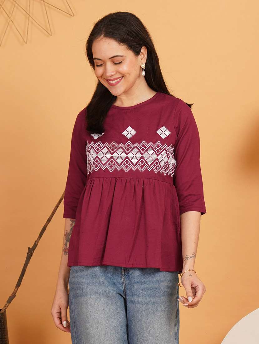 women embroidered three quarter sleeve ethnic top