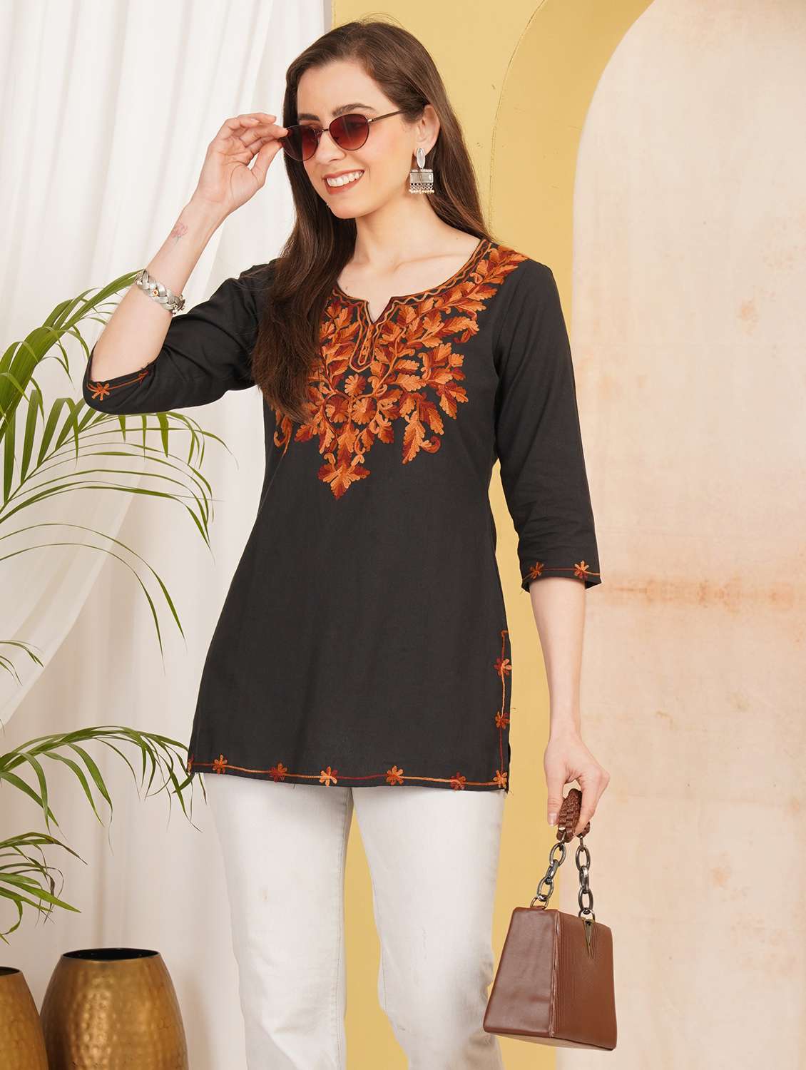 women embroidered notch neck straight kurti